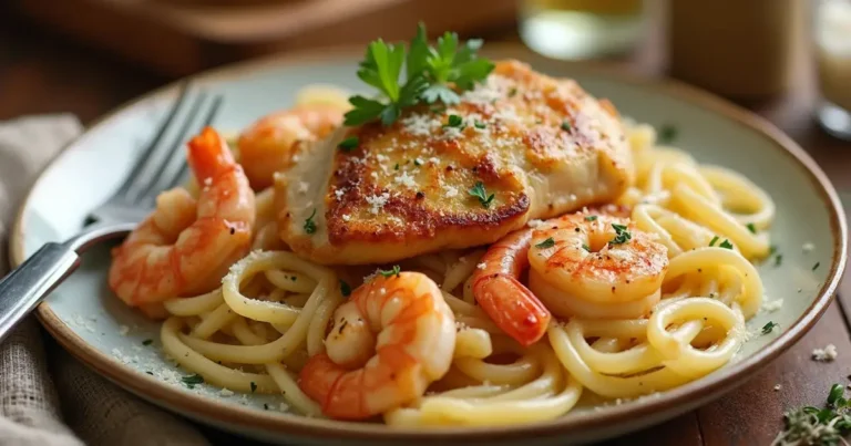 Quick and Easy Chicken and Shrimp Pasta with creamy sauce, garnished with parsley