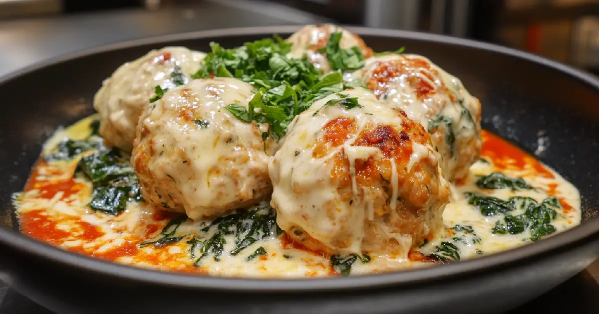 Chicken Ricotta Meatballs with Spinach Alfredo Sauce