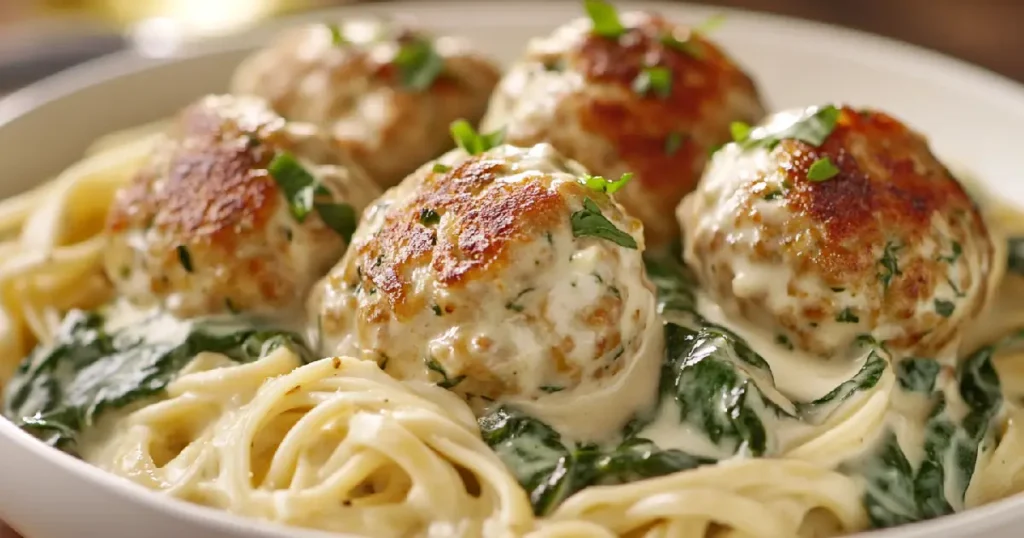 Chicken Ricotta Meatballs with Spinach Alfredo Sauce 