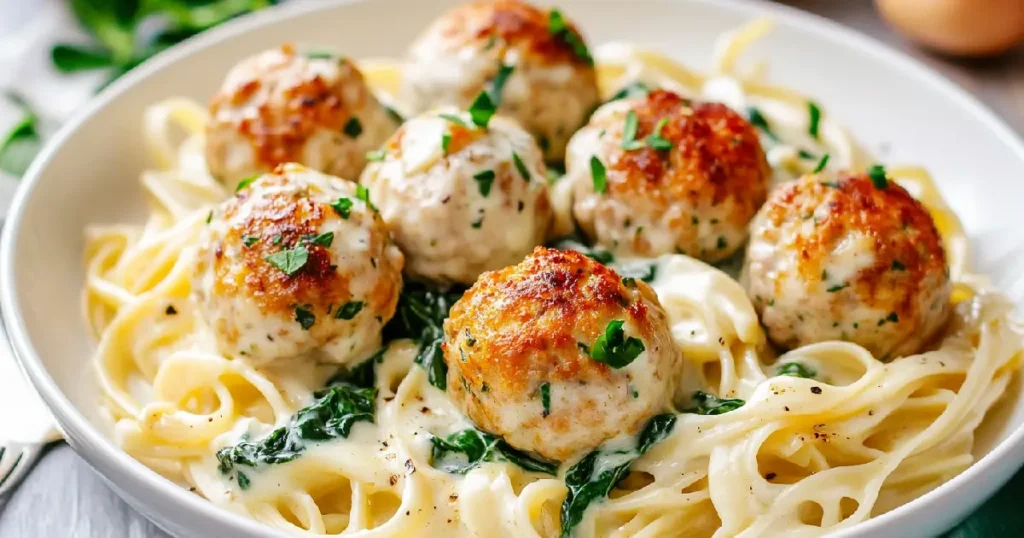 Chicken Ricotta Meatballs with Spinach Alfredo Sauce